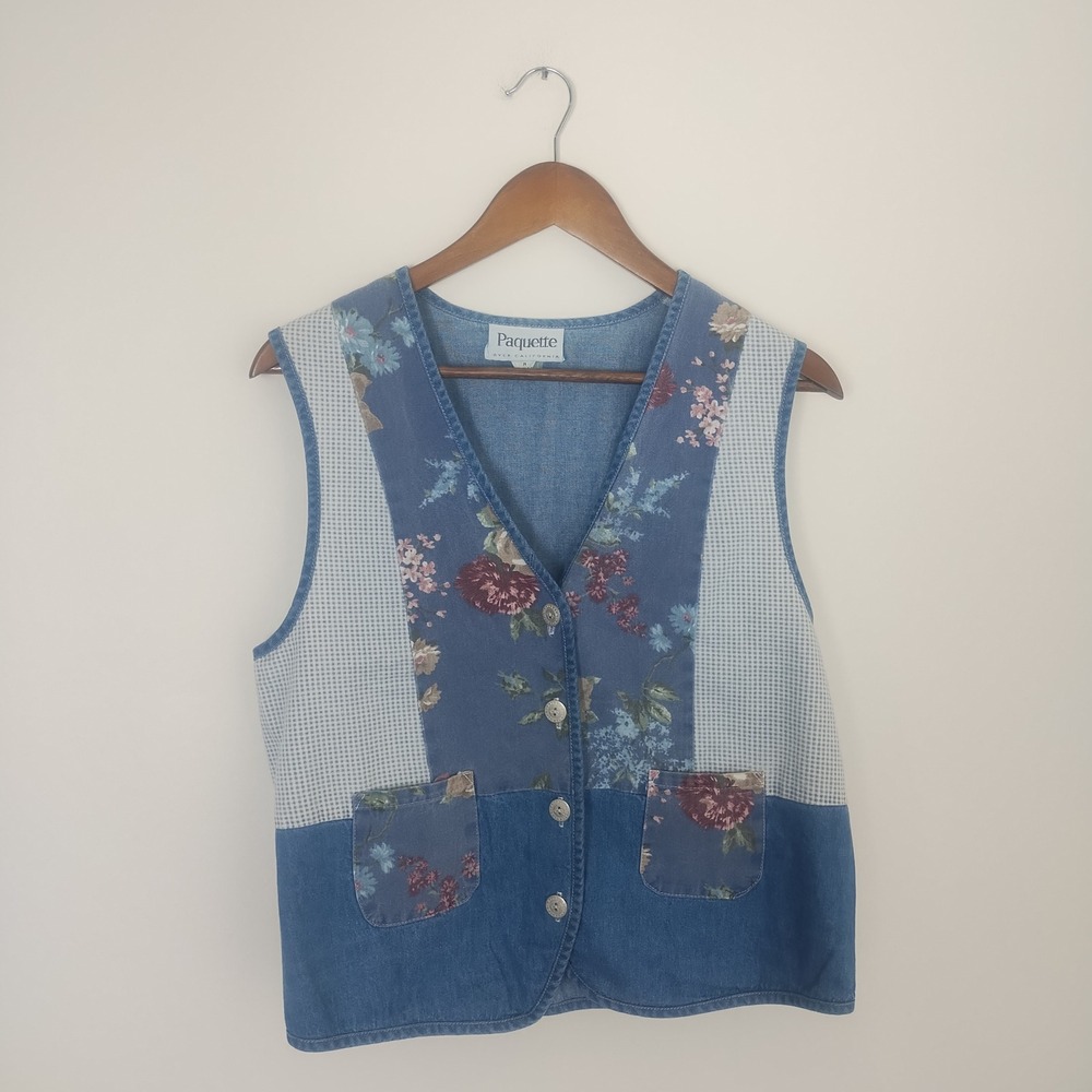 Vintage Paquette Patchwork Vest Women's Medium Floral Denim Cottage Country 90s